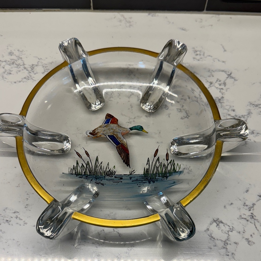 Vintage Glass Ashtray with Gold Rim and Duck Design